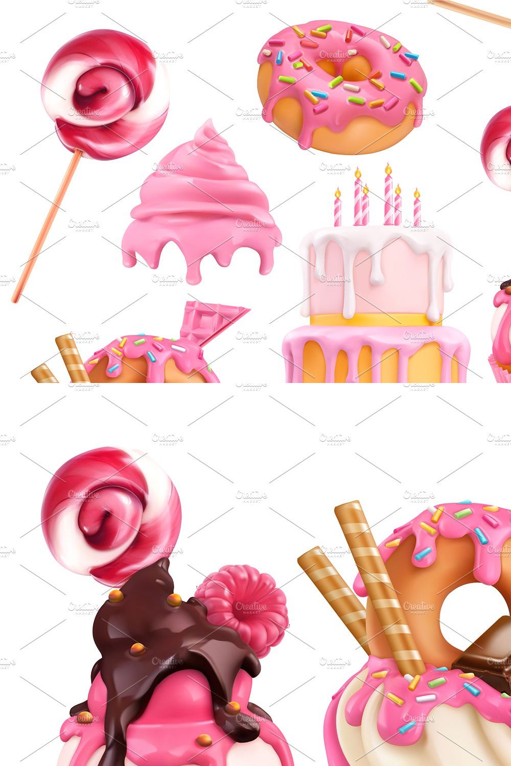 Cake, cupcakes, donuts, vector icons pinterest preview image.