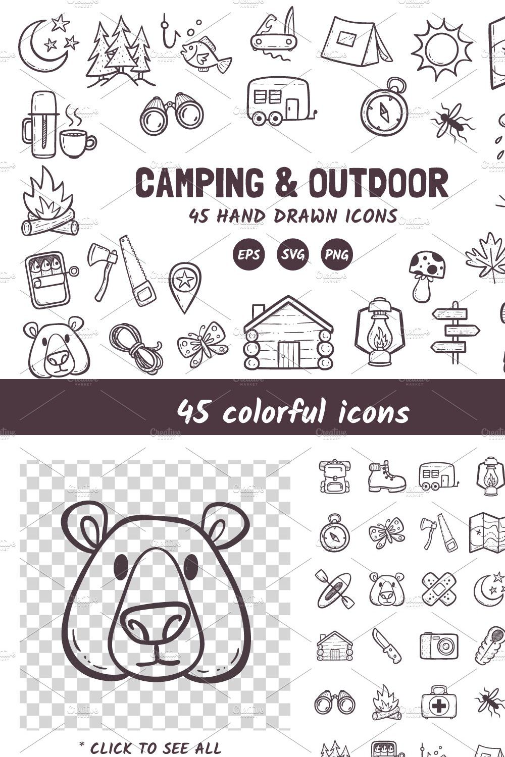 Camping and Hiking icon set pinterest preview image.