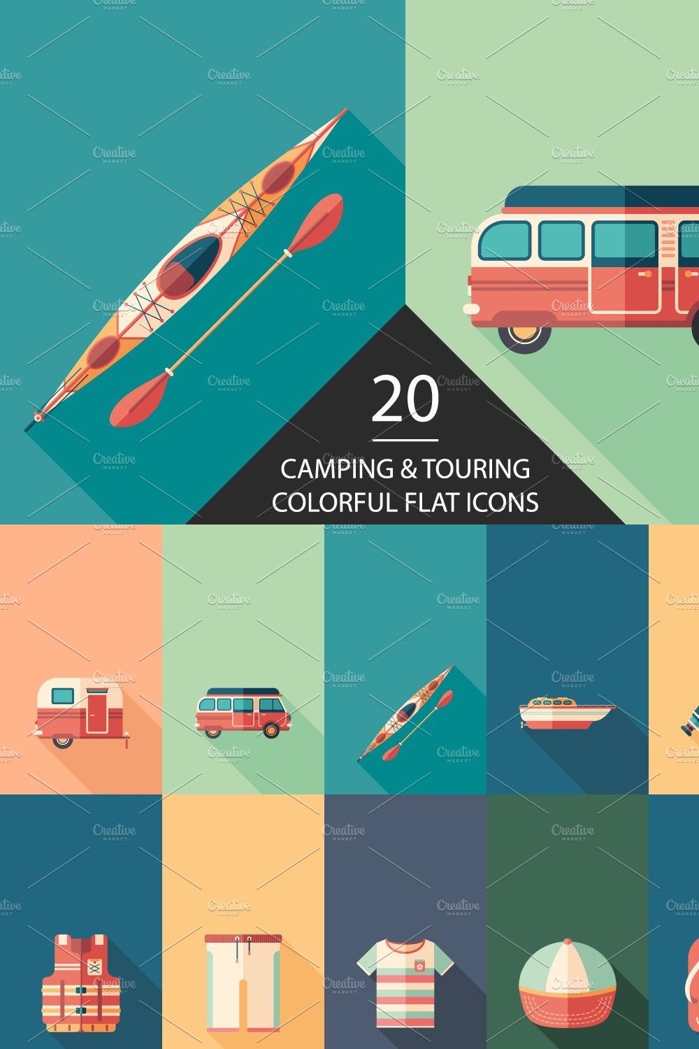 Camping and touring flat icon set pinterest preview image.