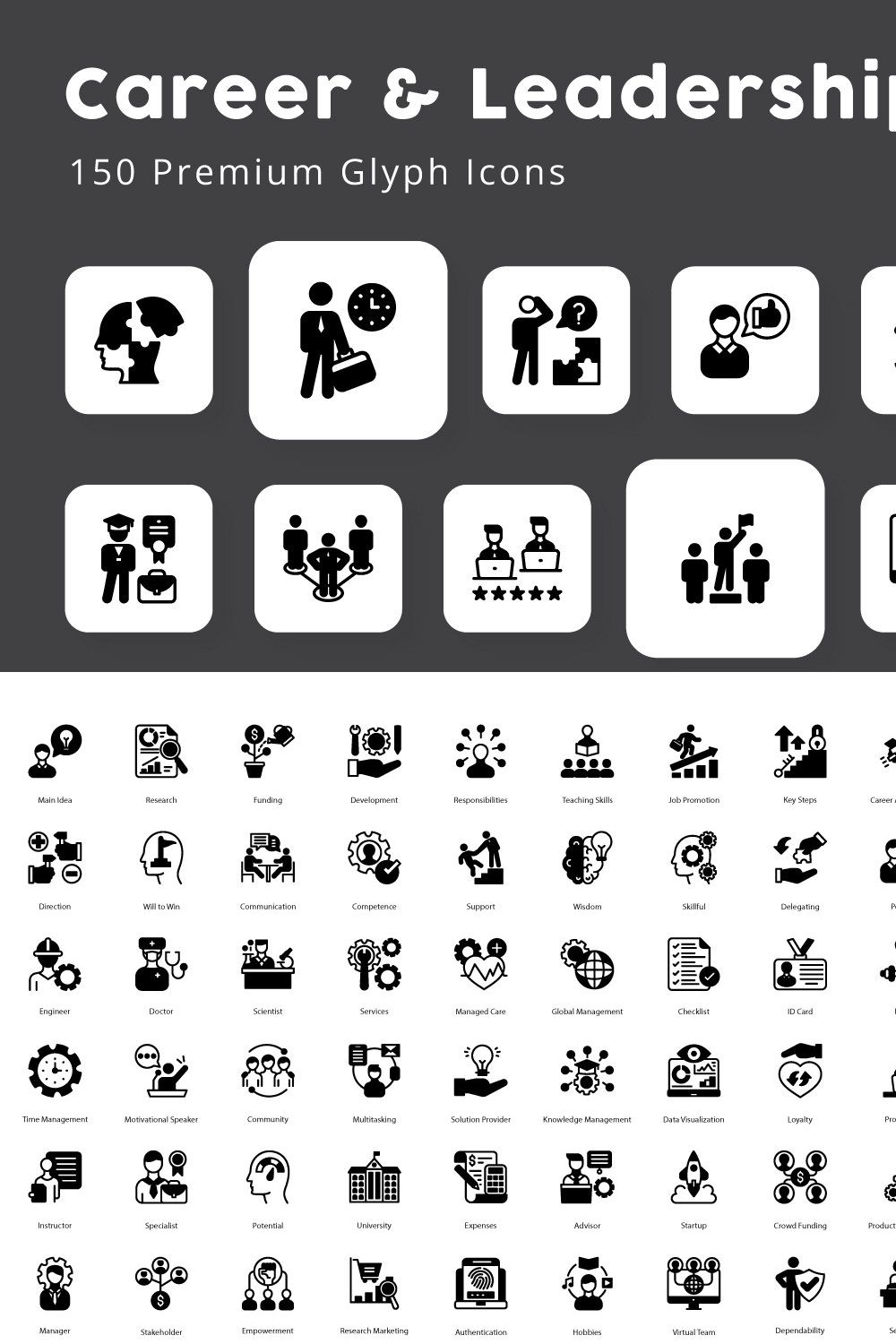 Career and Leadership Glyph Icons pinterest preview image.