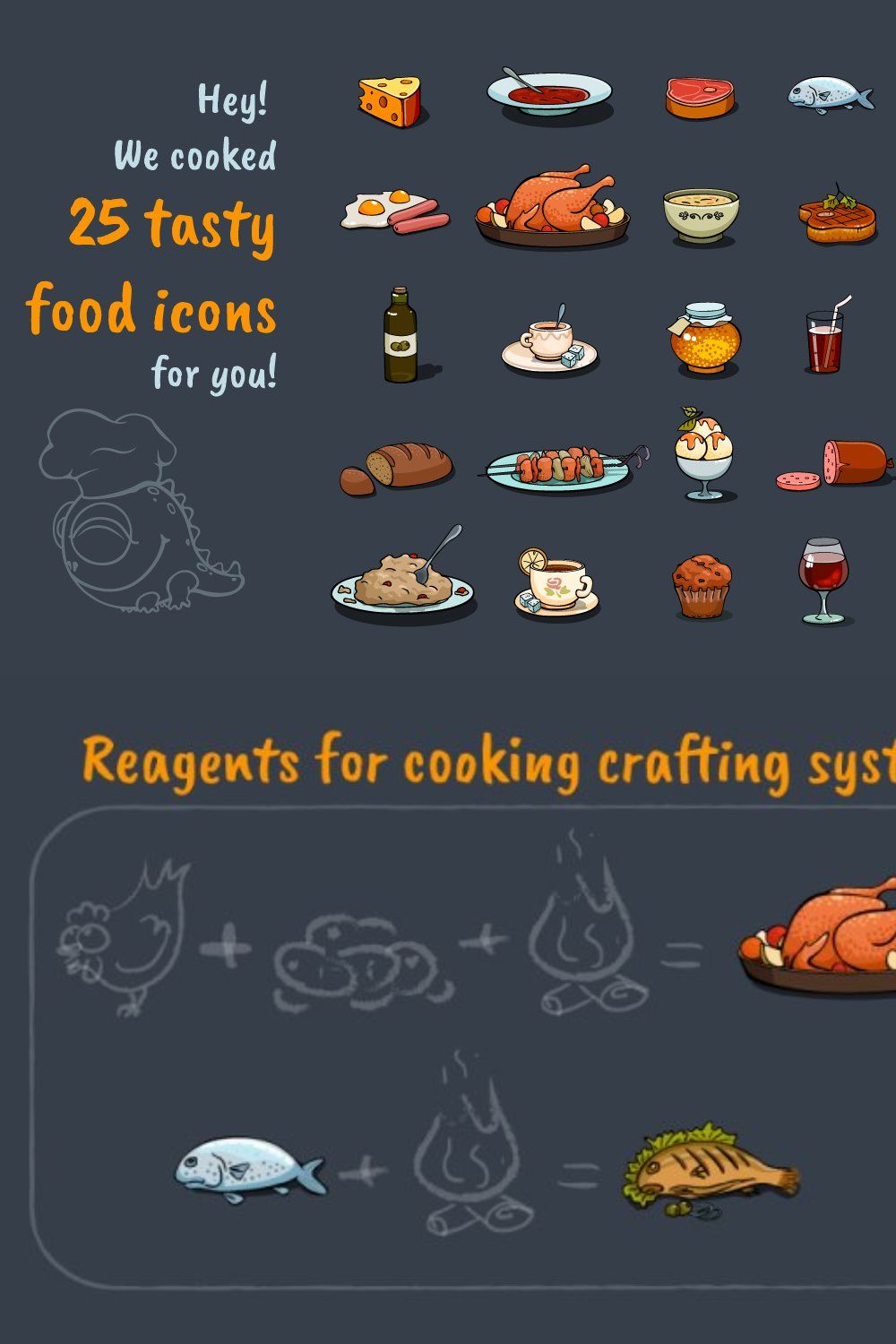 Cartoon Food Icons Game Set pinterest preview image.