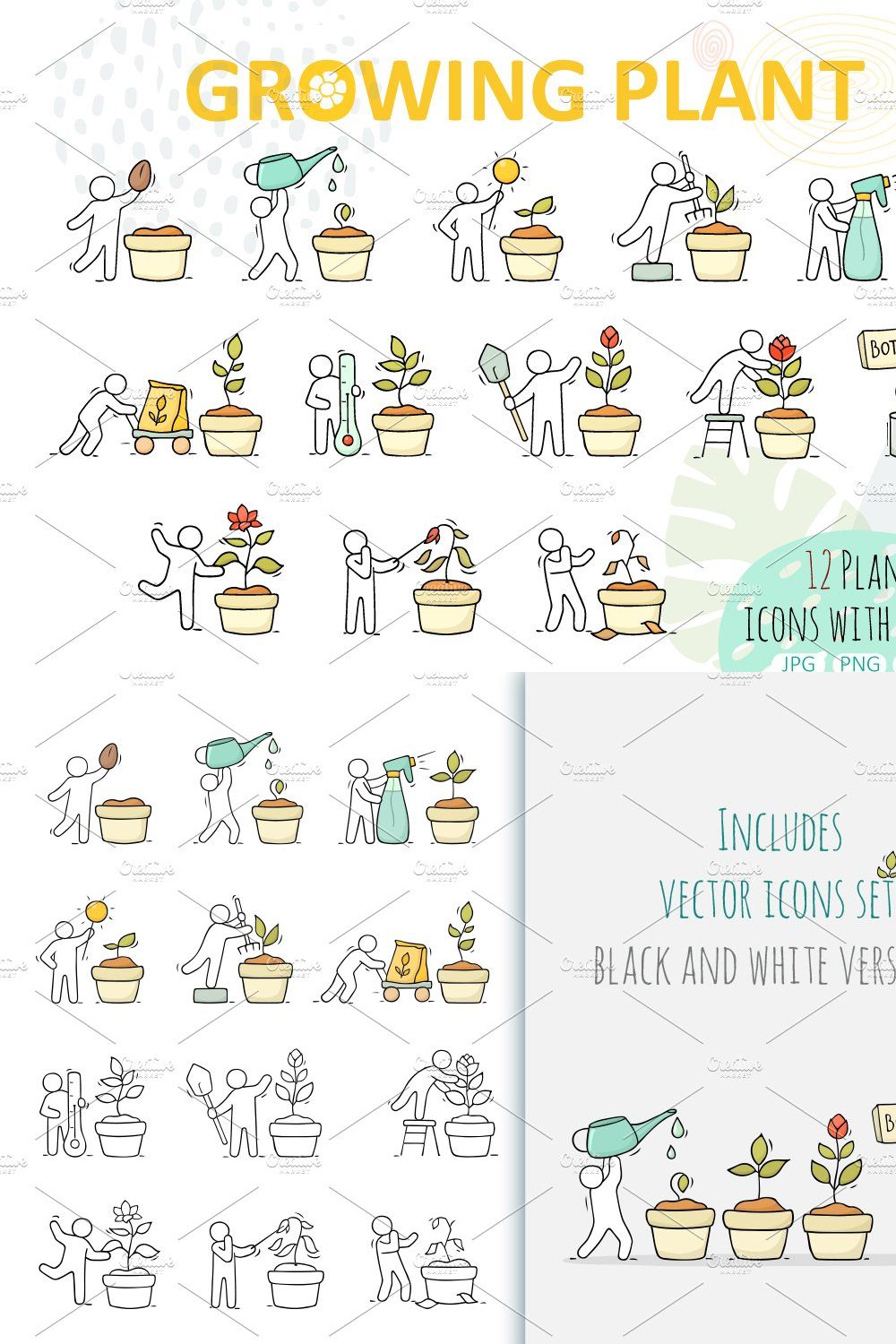 Cartoon icons - People grow a plant pinterest preview image.