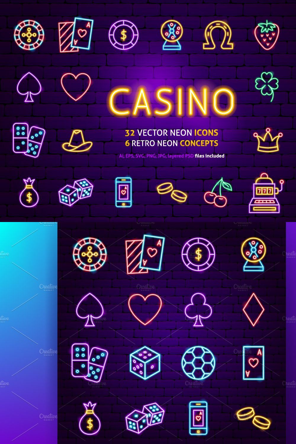 Casino Neon Vector Icons Set pinterest preview image.