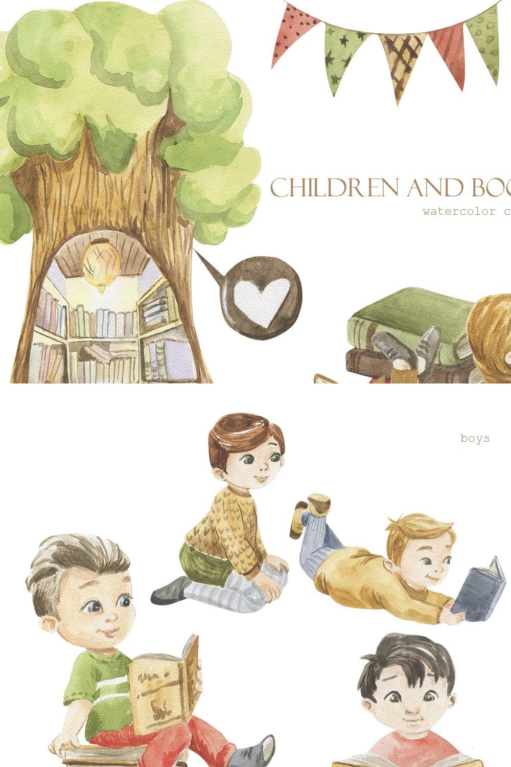 Children and books, watercolor set pinterest preview image.