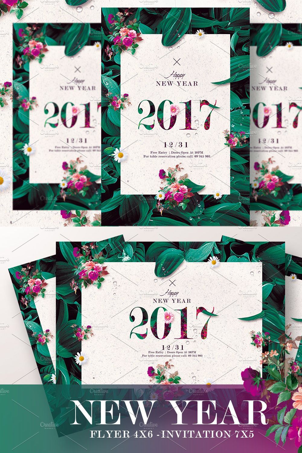 Classy New Year - Floral Invitation pinterest preview image.