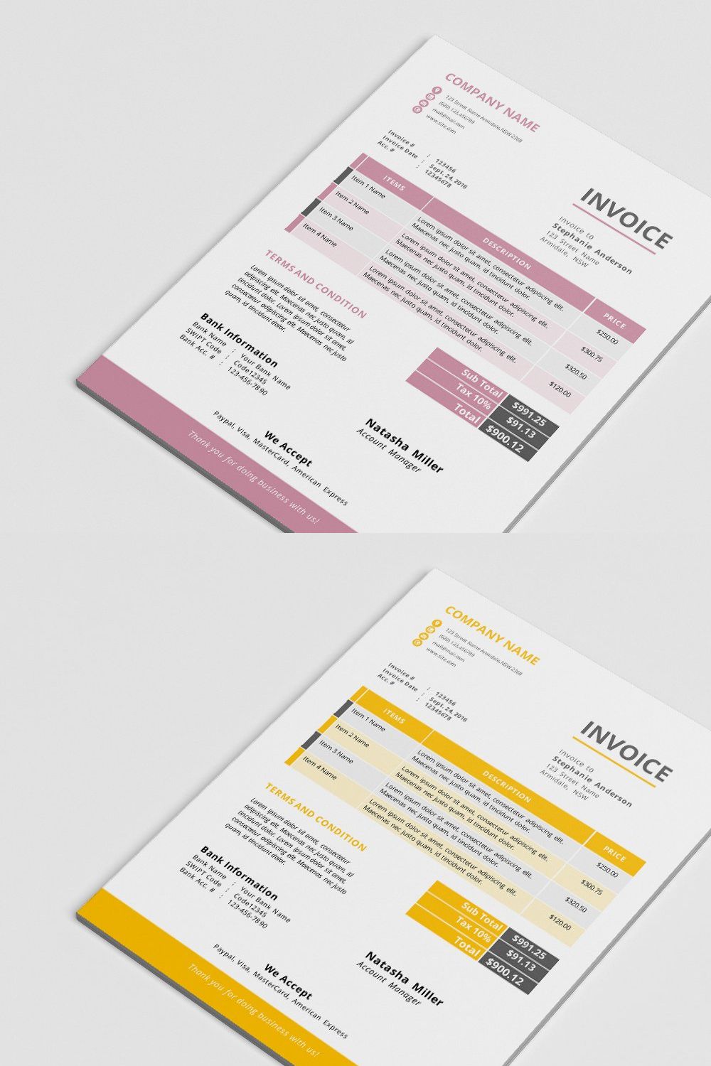 Clean docx Word corporate invoice pinterest preview image.