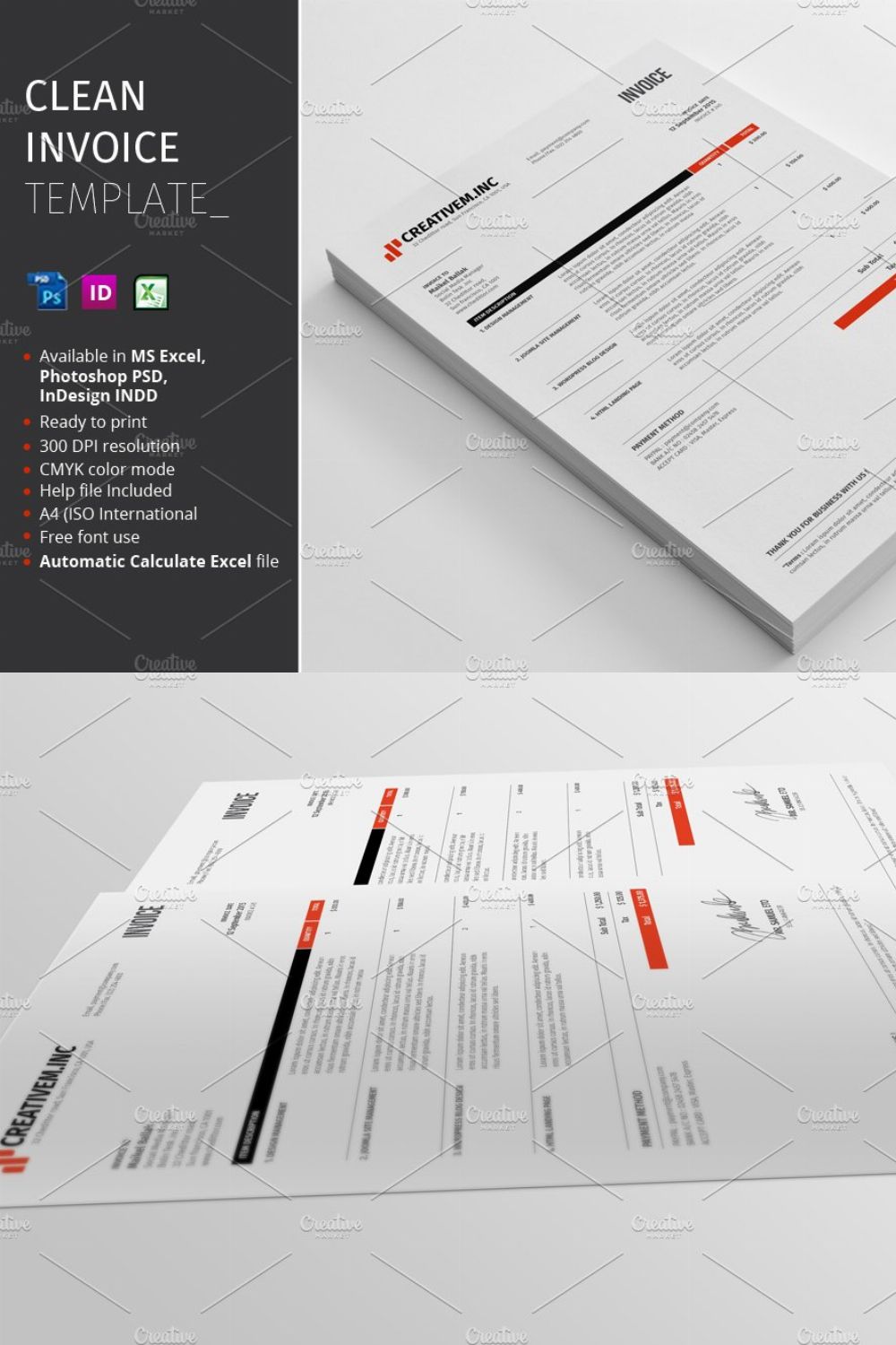 Clean Invoice Template pinterest preview image.