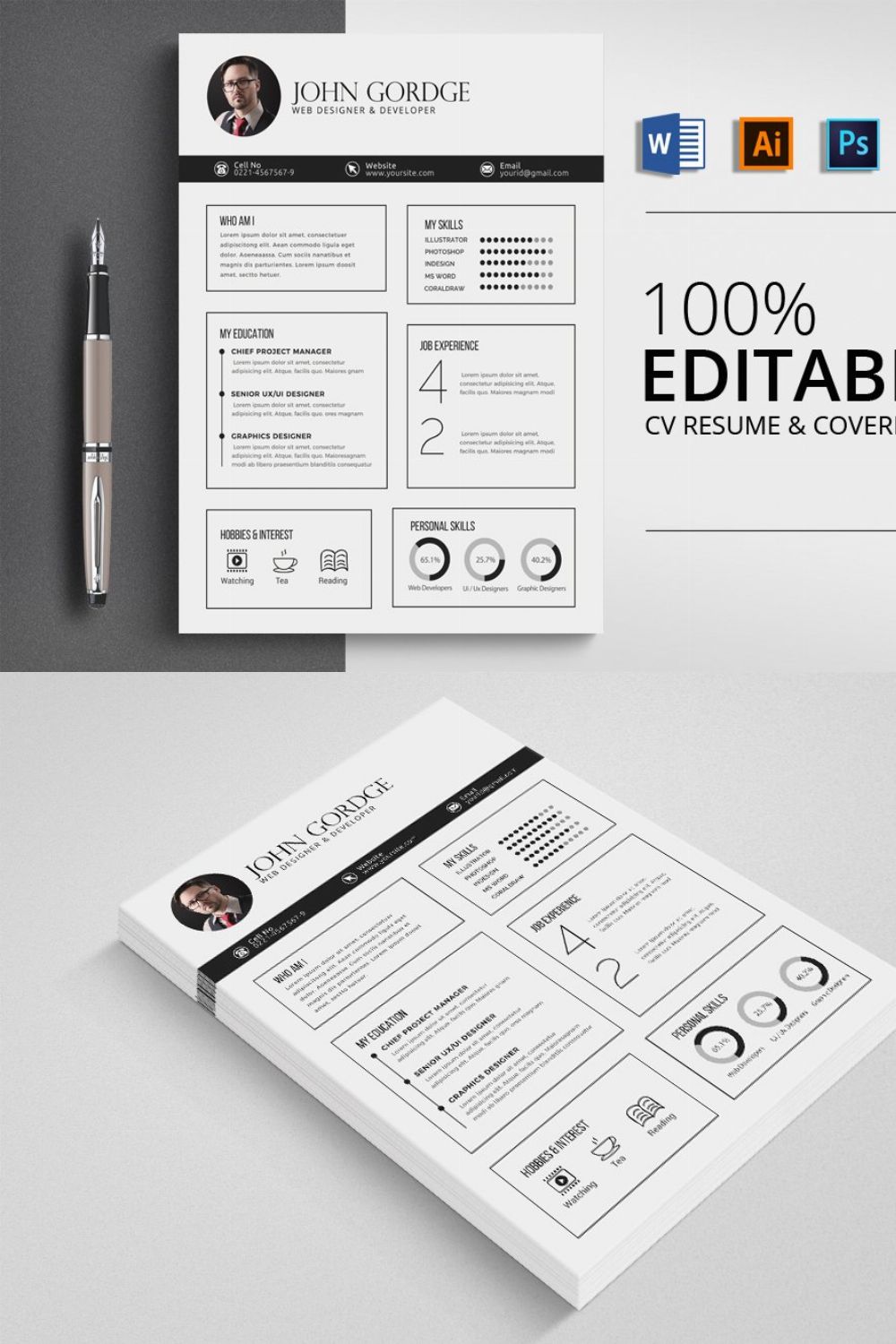 Clean Professional CV Word Templet pinterest preview image.
