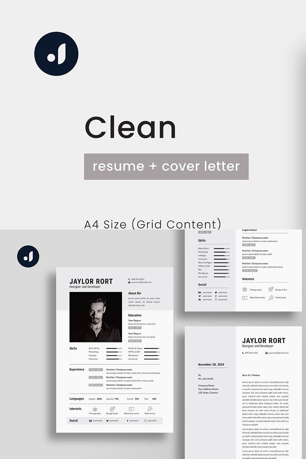Clean Resume pinterest preview image.