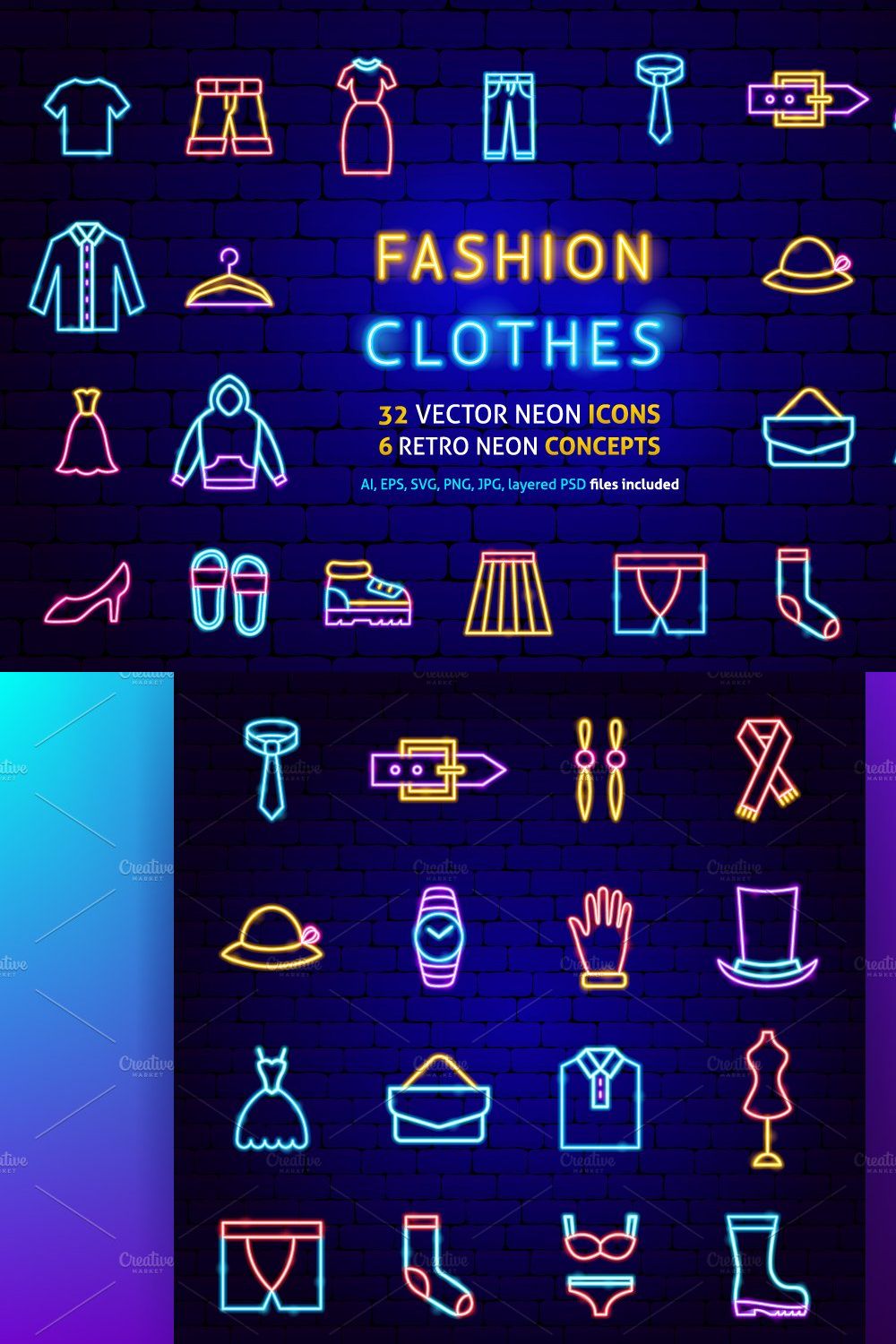 Clothing Fashion Neon Vector Icons pinterest preview image.