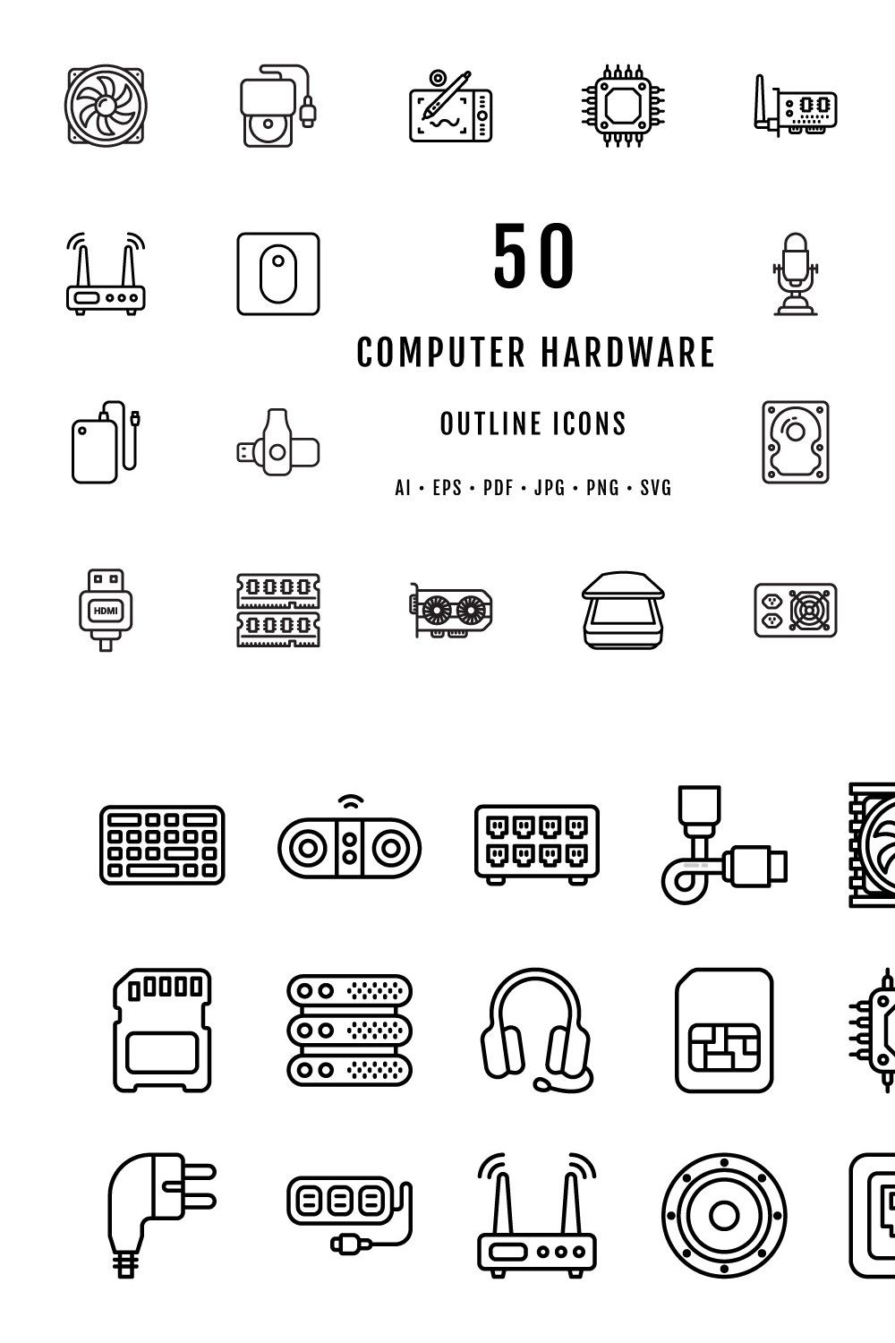 Computer Hardware Outline Icons pinterest preview image.