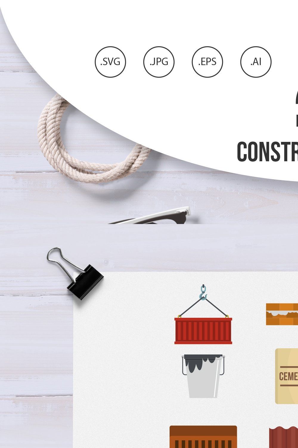 Construcion material icon set, flat pinterest preview image.