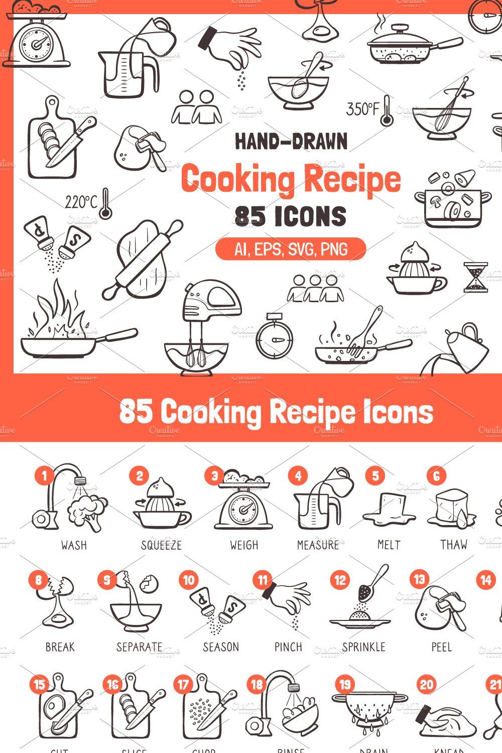 Cooking Recipe Doodle Icons pinterest preview image.