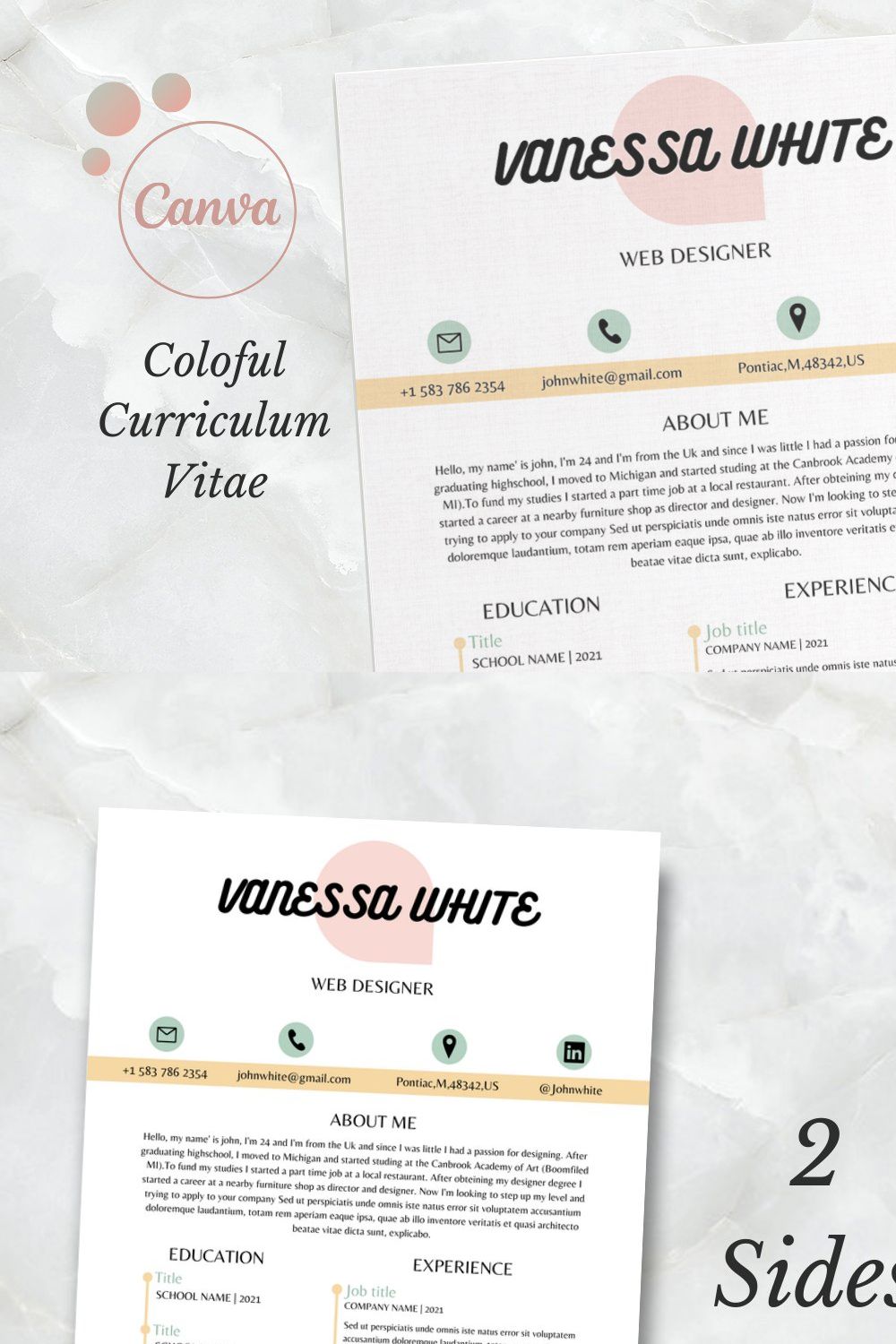 Curriculum Vitae / Resume template pinterest preview image.