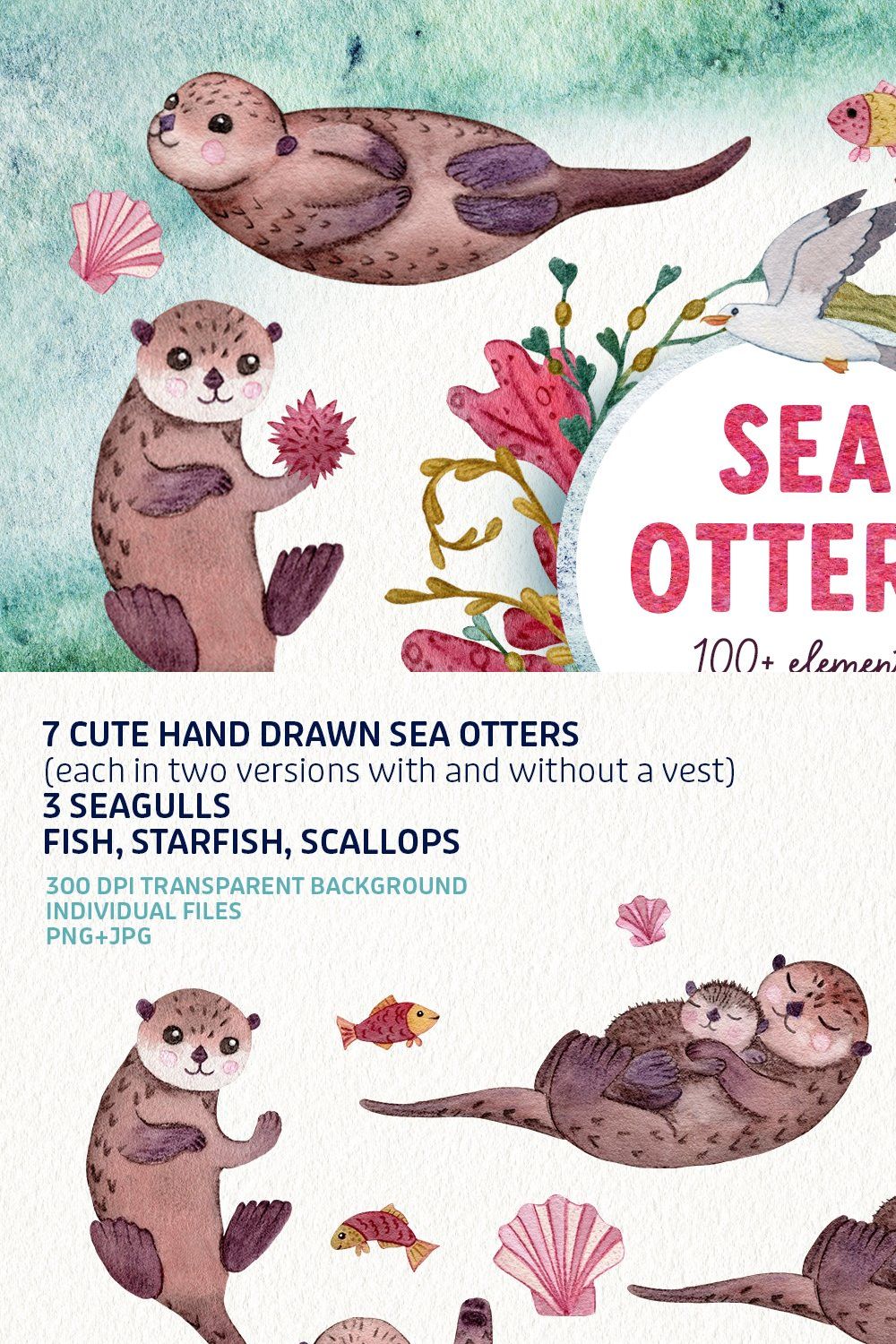 Cute Sea Otters. Watercolor clipart. pinterest preview image.