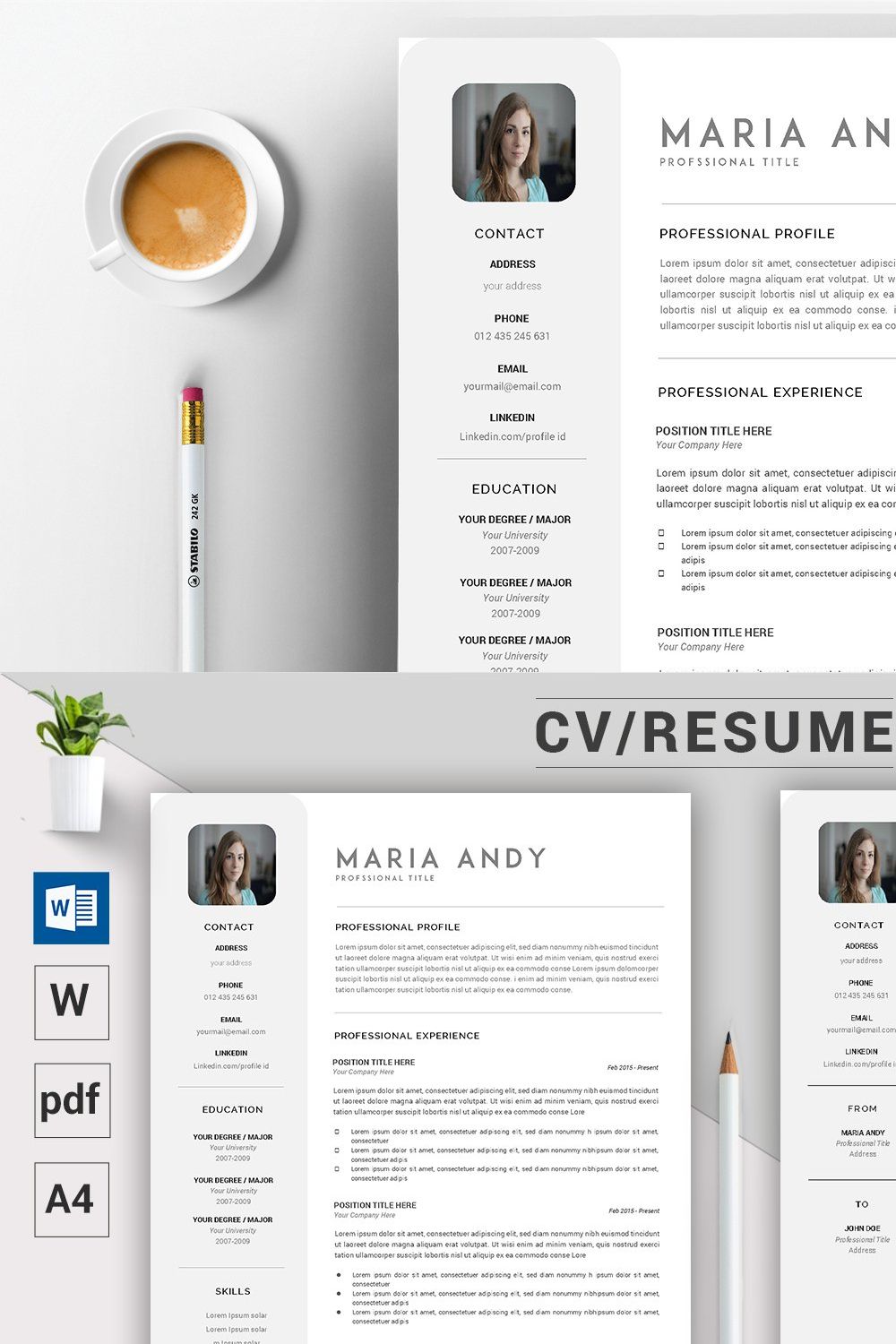 CV / Resume Template pinterest preview image.