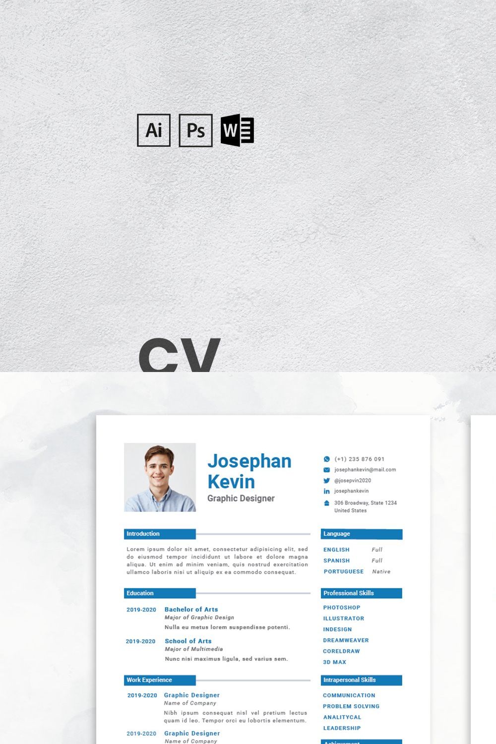 CV Resume Template pinterest preview image.