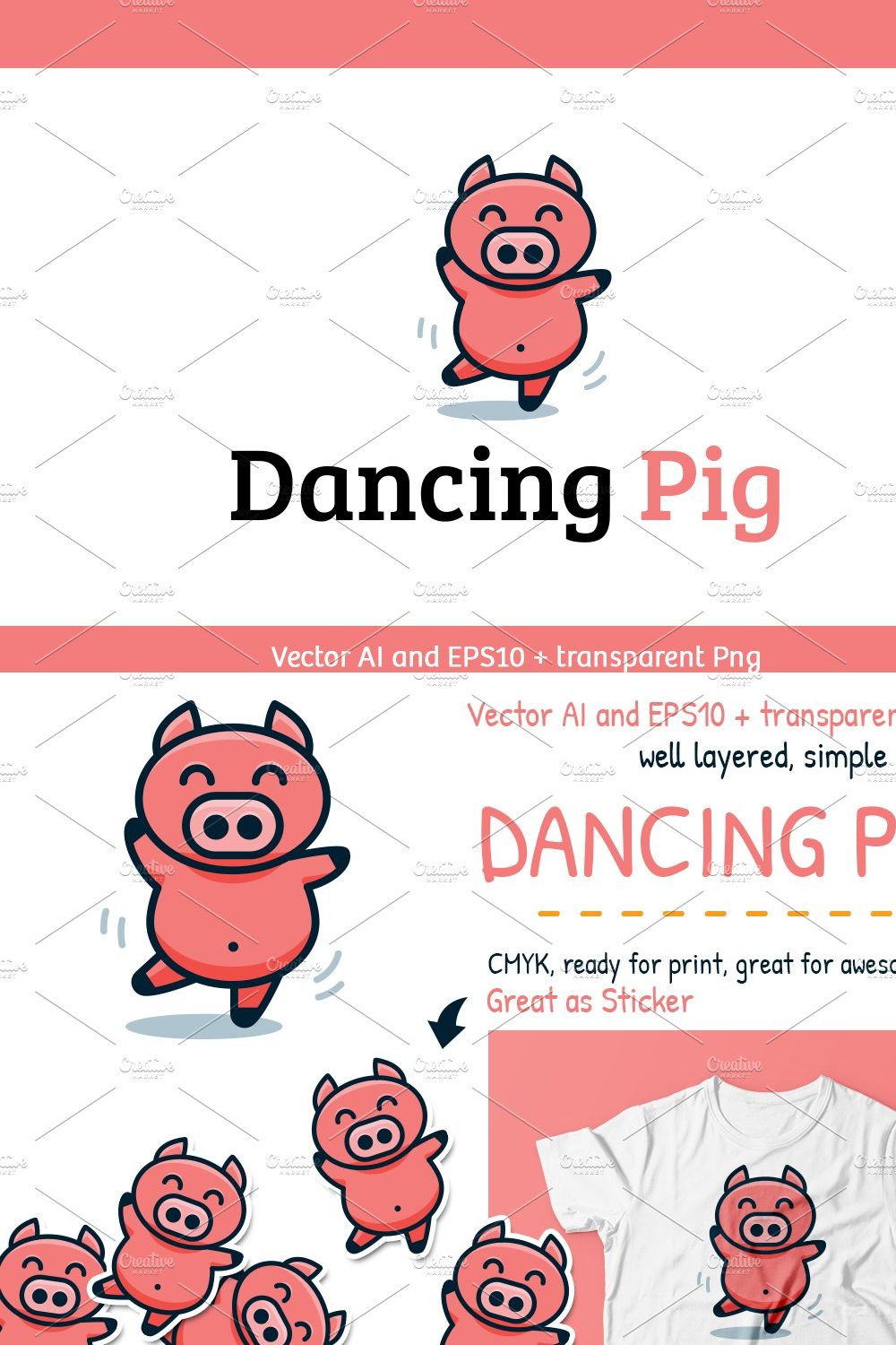 Dancing Pig Vector Logo Mascot pinterest preview image.
