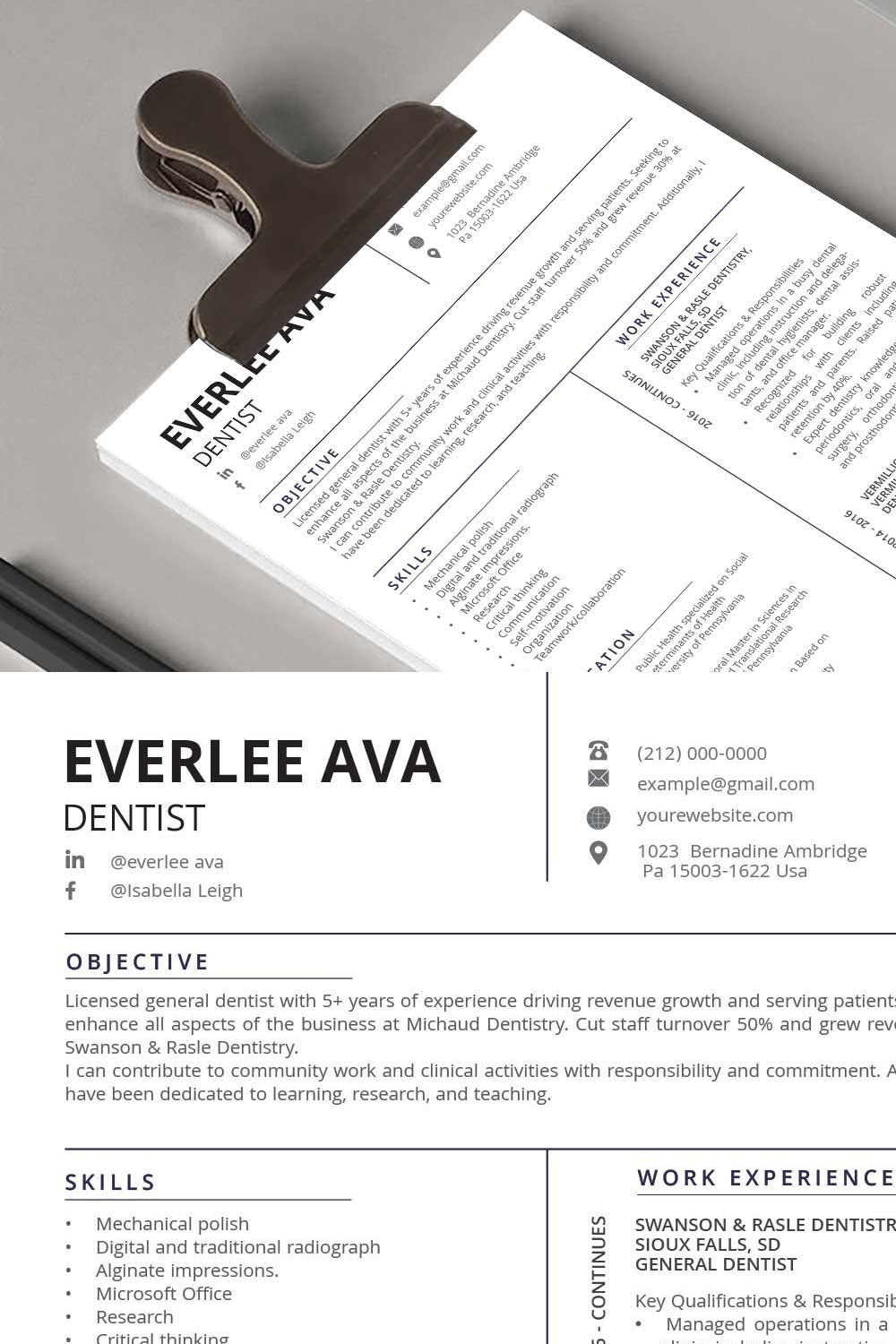 Dentist Resume Template pinterest preview image.