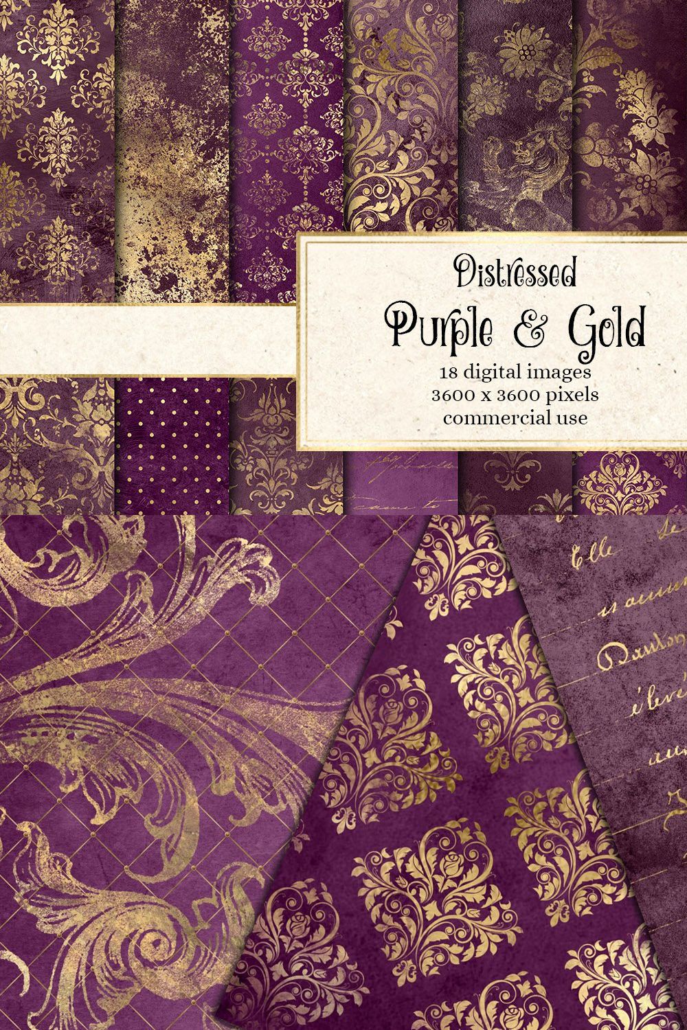 Distressed Purple and Gold Textures pinterest preview image.