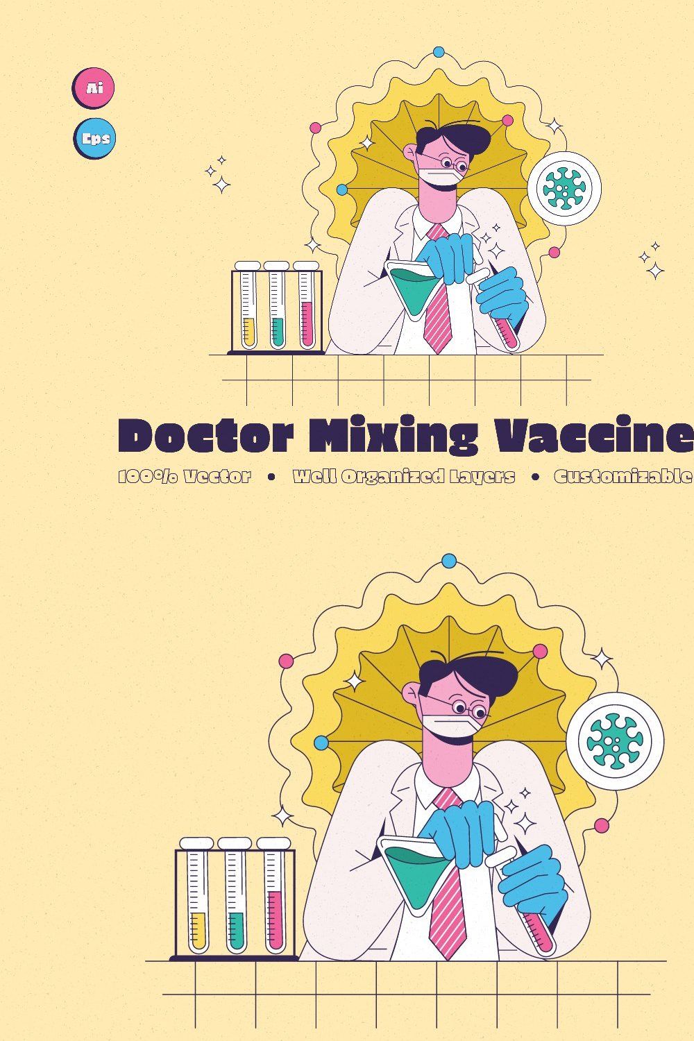 Doctor Mixing Vaccine Illustration pinterest preview image.