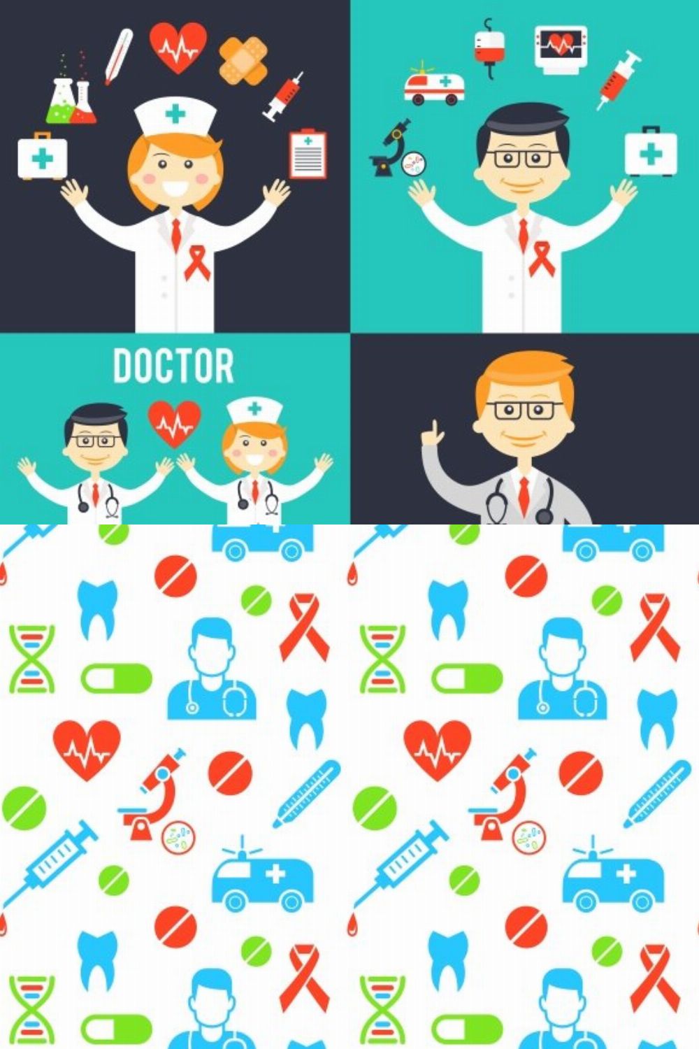 Doctors with medical icons pinterest preview image.