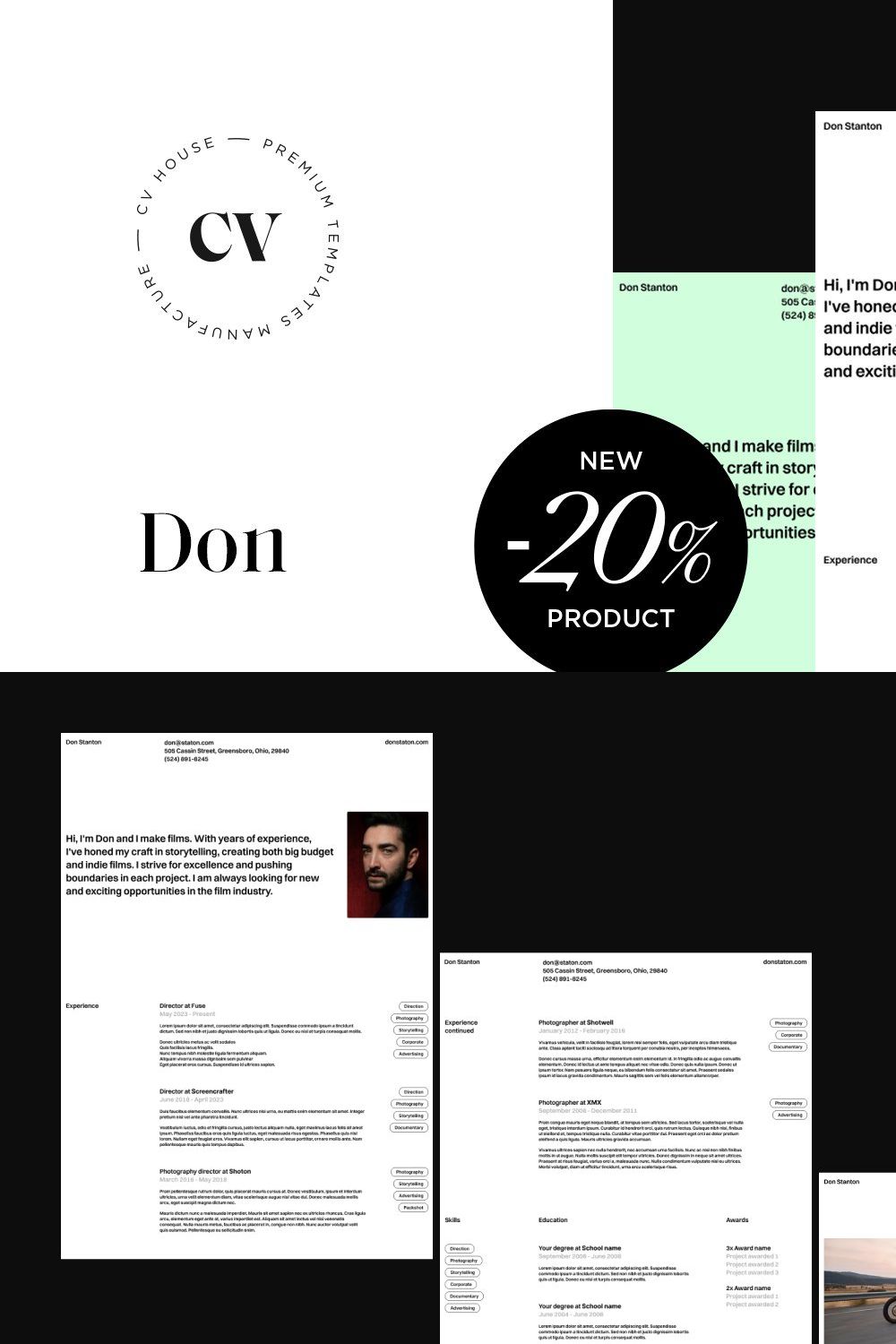 Don | CV / Resume template pinterest preview image.
