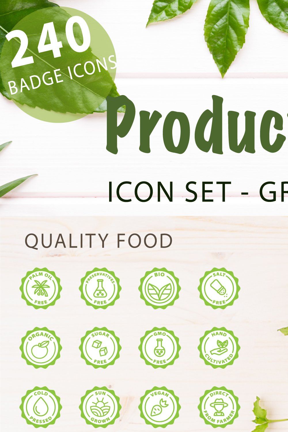 Eco, bio and quality green badges pinterest preview image.