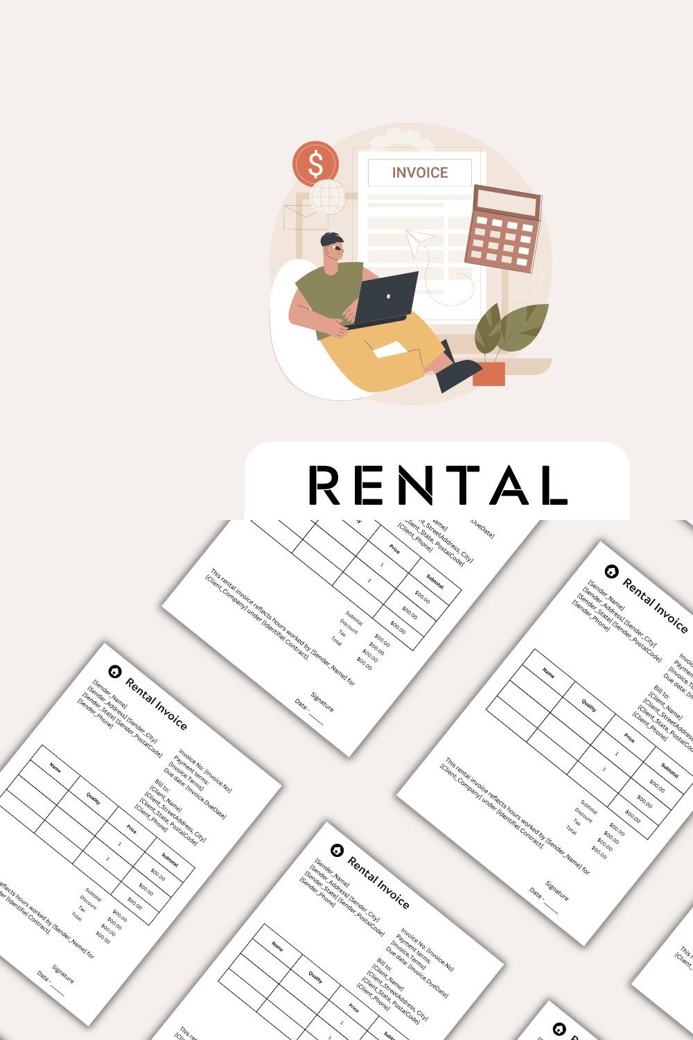 Editable Rental Invoice Template pinterest preview image.