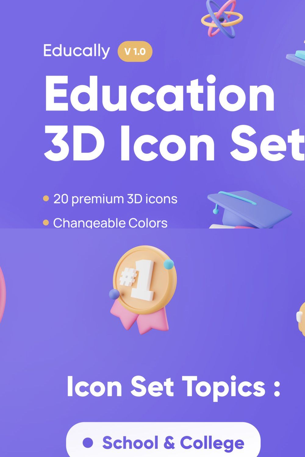 Educally - Education 3D Icon Set pinterest preview image.