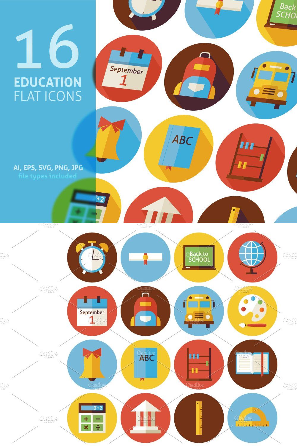 Education School Vector Flat Icons pinterest preview image.