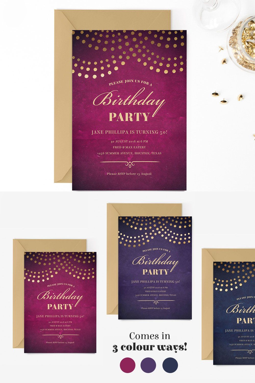 Elegant 50th Birthday Party Invite pinterest preview image.