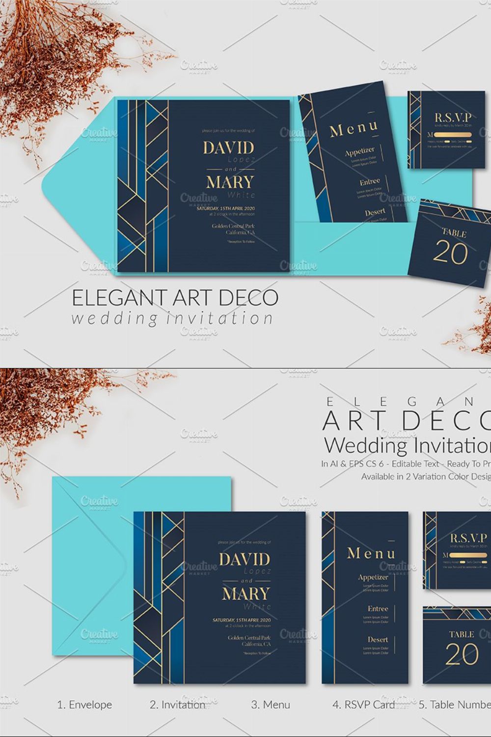 Elegant Art Deco Wedding Invitation pinterest preview image.