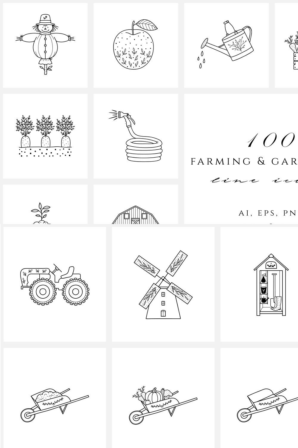 Farming & gardening line icon set pinterest preview image.