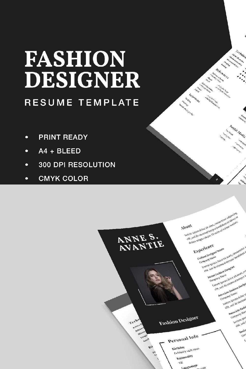 Fashion Designer Resume CV Template pinterest preview image.