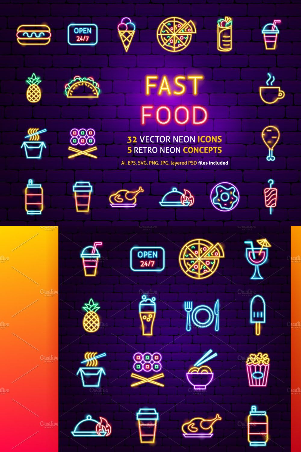 Fast Food Neon Vector Icons pinterest preview image.