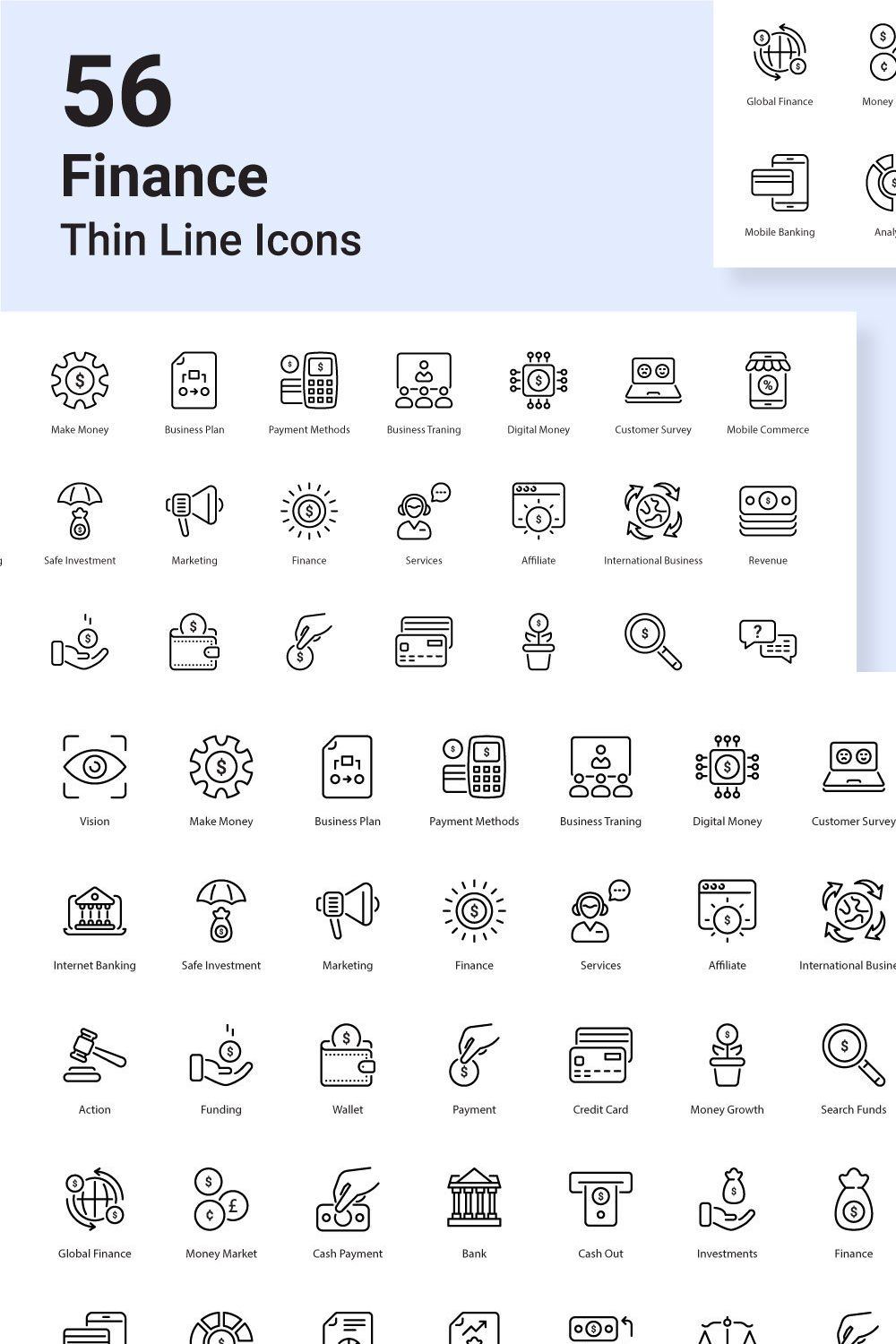 Finance 56 thin line icons pinterest preview image.