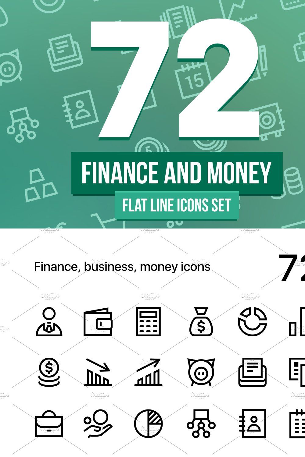 Finance and Money Line Icons Set pinterest preview image.