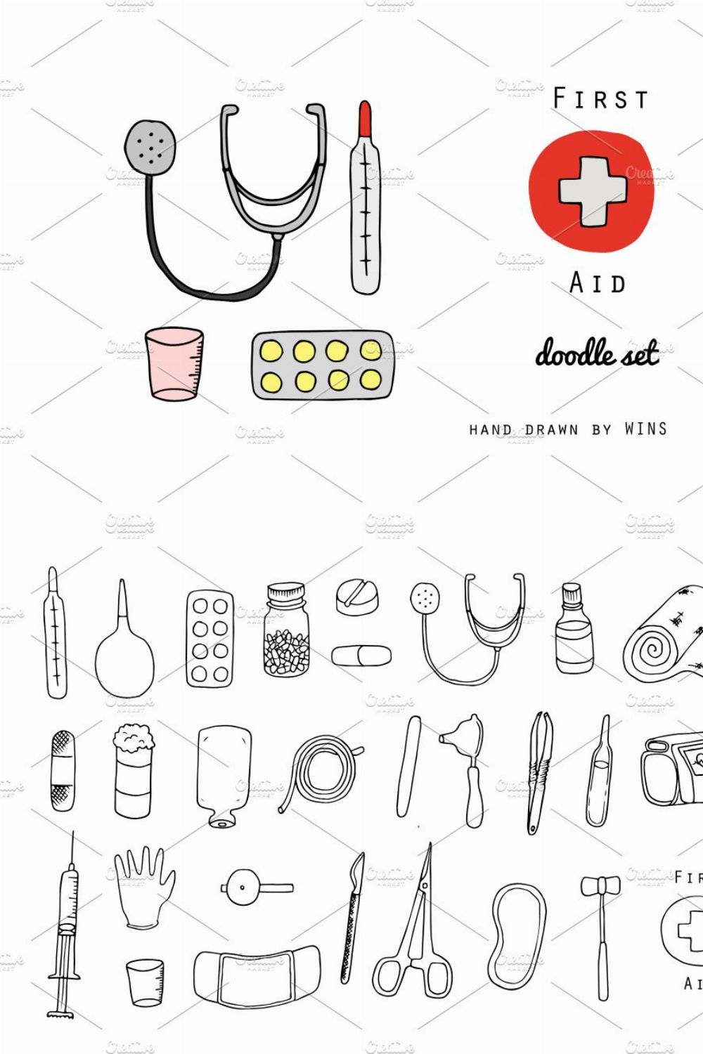 First Aid. Doodle set pinterest preview image.
