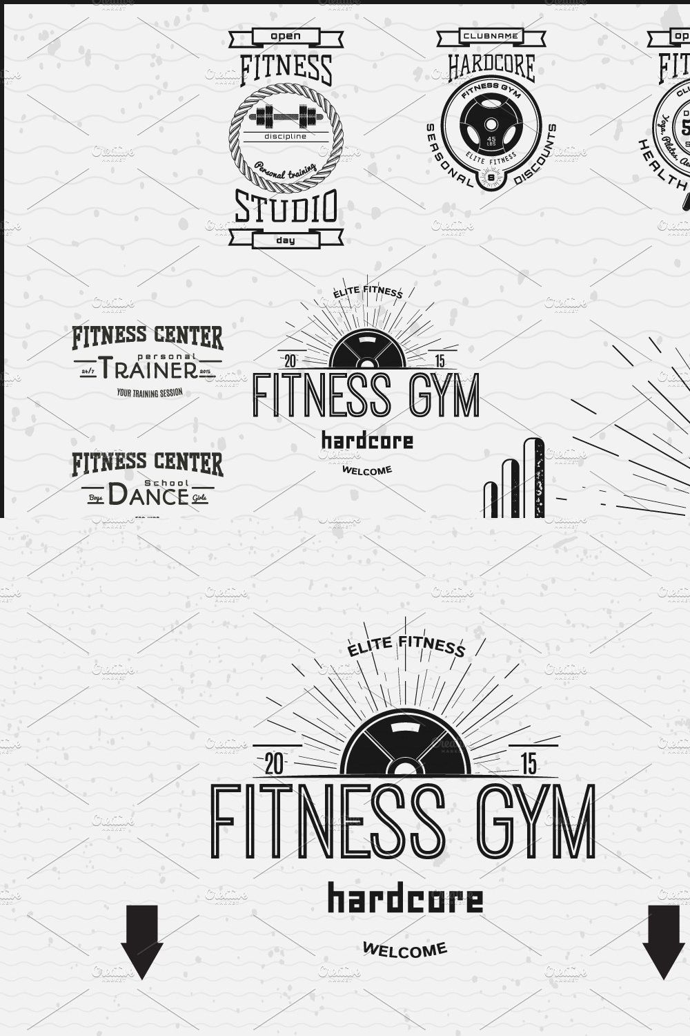 Fitness vector set badges and logos pinterest preview image.