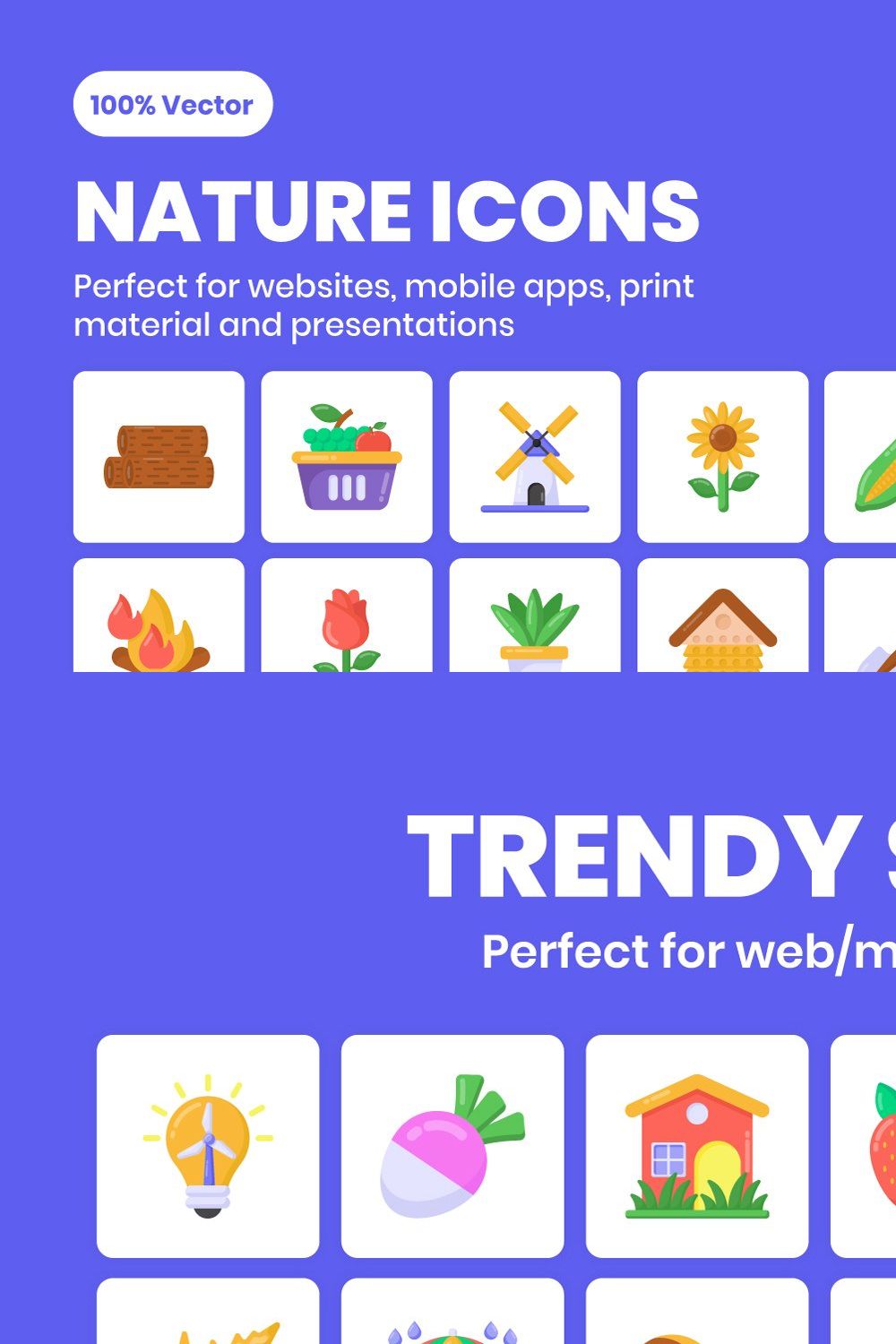 Flat Gardening and Nature Icons pinterest preview image.