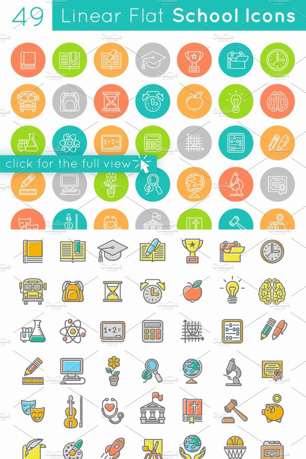 Flat Linear School Subjects Icons pinterest preview image.