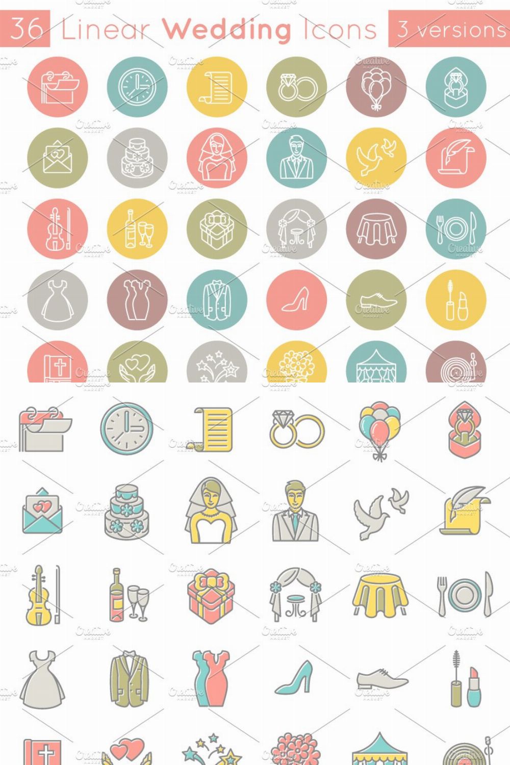 Flat Linear Wedding Icons pinterest preview image.