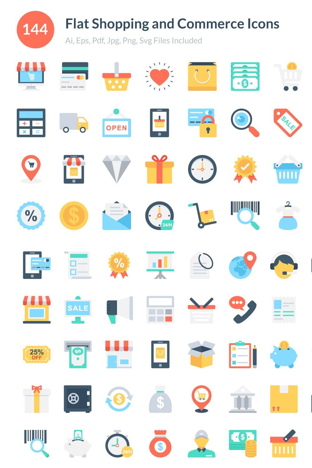 Flat Shopping and Commerce Icons pinterest preview image.