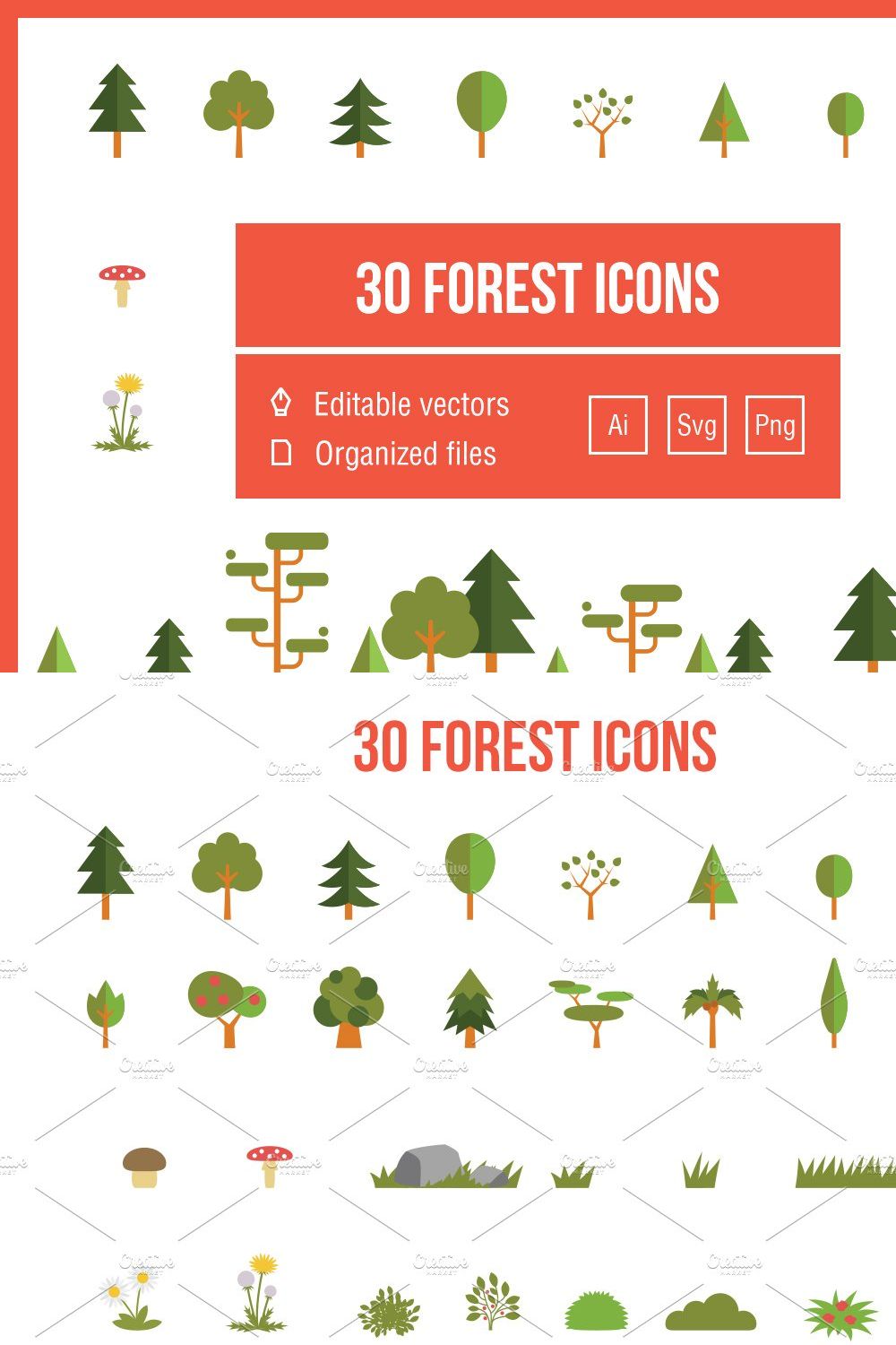 Flat tree & nature icon set pinterest preview image.