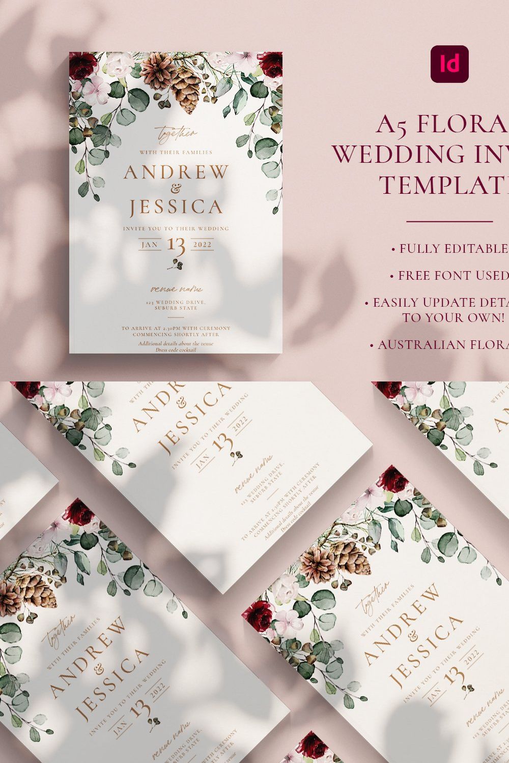 Floral Wedding Invitation pinterest preview image.