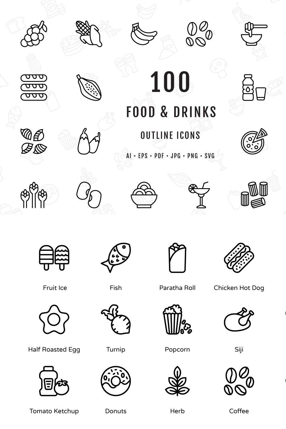 Food and Drinks Outline Icons pinterest preview image.