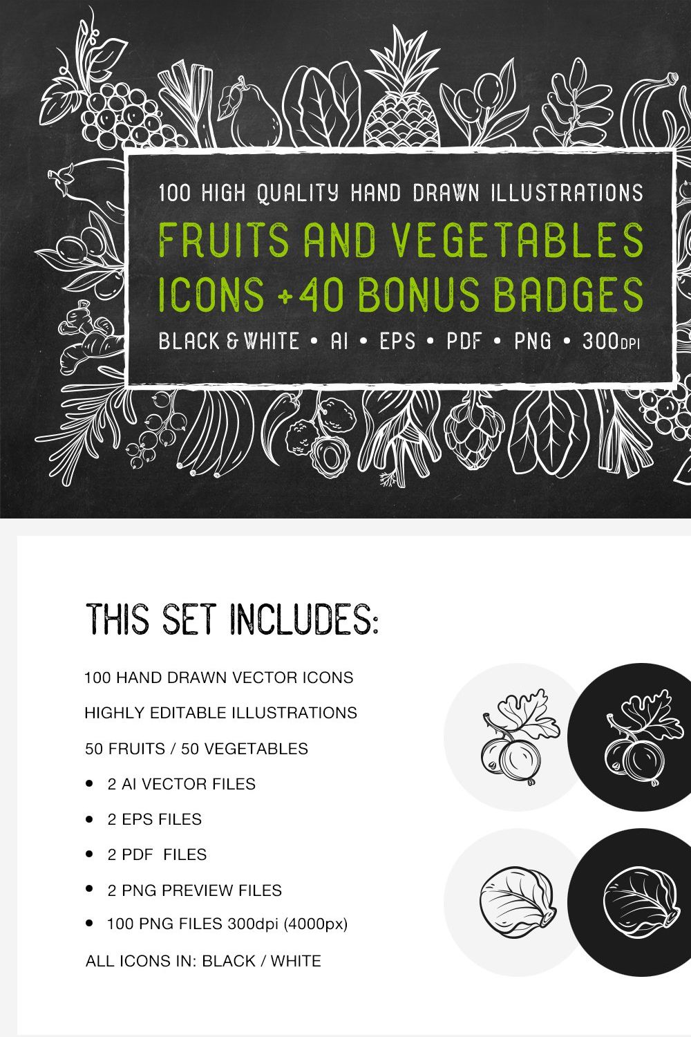Fruits & Vegetables + Badges pinterest preview image.