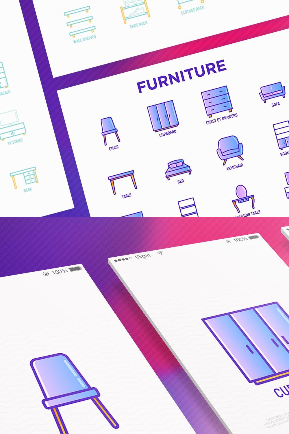Furniture | 16 Thin Line Icons Set pinterest preview image.