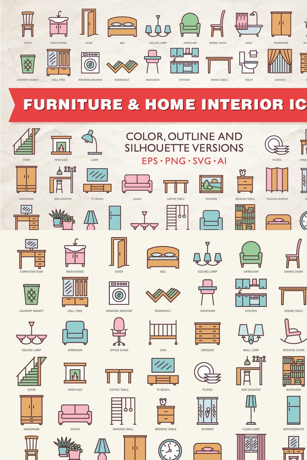 Furniture Home Interior Icons Set pinterest preview image.